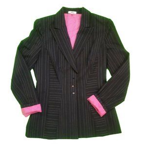 Vintage Reba Fitted Blazer Black White Multi Pinstripe Hot Pink Lining Sz 6